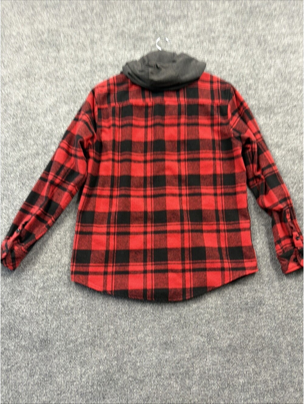 Free Planet Boys Red Plaid Hooded Button Up Long Sleeve Shirt With Grey Hood L - Picture 10 of 10